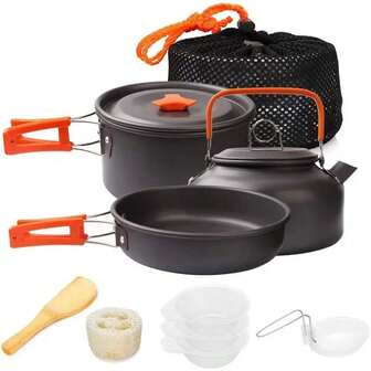 Juego de utensilios de cocina para camping de aluminio, portátil y para exteriores, que incluye olla, sartén y tetera para camping, excursionismo y picnic