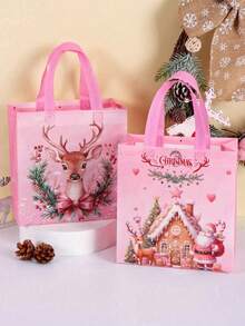 4/8pcs Pink Christmas Tote Bags With Handles, Santa Claus Elk Bell Pattern Reusable Gift Bags, Grocery Shopping Bag, Non-Woven Bags, Party Favors Bags, Festive Christmas Decorations For Home 2025 Xmas Gifts Christmas New Year 2026 Packaging Bags