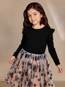 Anewsta Vestido casual minimalista de manga larga con cuello redondo y contraste de malla de unicolor para niña joven