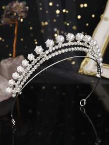 1件银色珍珠水钻双层皇冠，经典新娘婚礼头饰，正式场合皇冠 - 銀色 - 查看 10