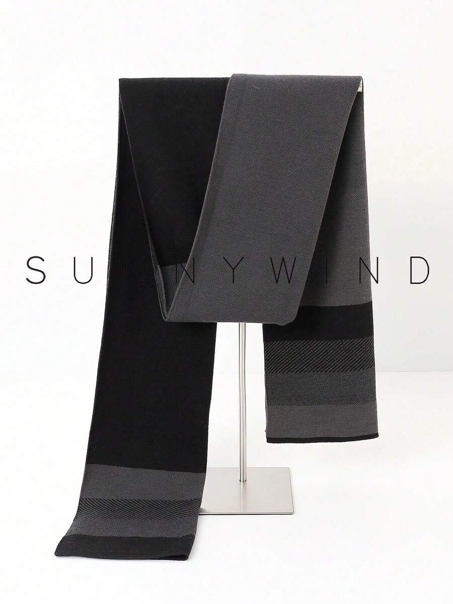 1pc Men's Solid Color Knitted Polyester Scarf, Minimalist & Versatile For Daily Use - Black and Gray - View 1