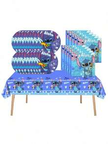 Disney 41 件史迪奇主题生日派对用品，20 个盘子，20 张餐巾和 1 块桌布，非常适合粉丝举办派对 - 彩色 - 查看 4