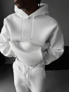 男士时尚纯色保暖连帽卫衣，长袖上衣 - 白色 - 查看 4