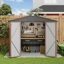 Asofer [2 Packages Shipping]6FT X 4FT & 8FT X 6FT Outdoor Storage Shed, Metal Sheds & Outdoor Storage , Utility And Tool Garden Storage Shed, Galvanized Metal Garden Shed With Double Lockable Doors, Metal Base Frame,  For Backyard, Patio, Garden, Outside, And Lawn,Christmas - 棕色 - 查看 9