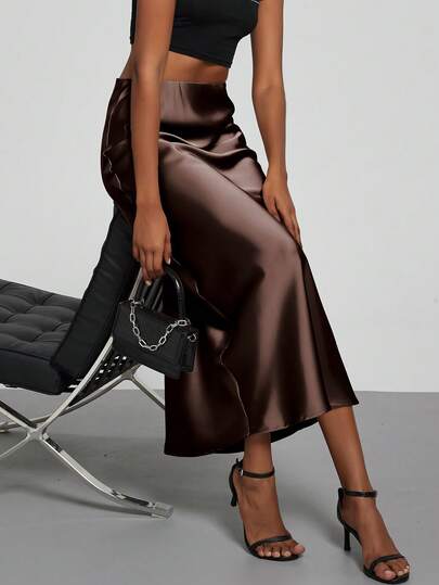 Se-Helo Fashion Women's Elastic Satin Finish Maxi Skirt - Dark Coffee Spring