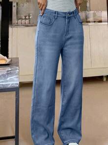 街头风直筒斜插口袋加厚牛仔保暖低腰牛仔裤，秋冬保暖裤，Y2K音乐节必备 - 深藍色 - 查看 6