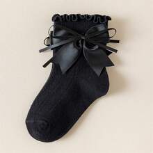 Little Girls Knee Calf Socks With Bow Tie Decor Solid Color Cute Princess Knitted Socks - Black - View 5