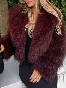 Ladies' Christmas And New Year Elegant Autumn/Winter Woolen Warmness Long-Sleeved Coat With Large Lapel Collar - Burgundy - View 6