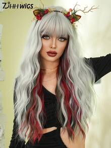 7JHH WIGS Long Wave Gray Highlight Christmas Wigs For Women - Loose Fluffy Wavy Curly Wig With Bangs, Full Machine High Density Synthetic Heat Resistant Fiber Hair, Mix Red & Green Colored Costume Wigs For Cosplay Masquerade Ball & Music Festival Carnival Party Use 26 Inch - 灰色 - 查看 5