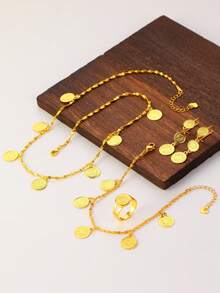 5 件/套铜镀金 18K 硬币女士套装圆形硬币项链手链戒指耳环珠宝适合日常节日佩戴 - C - 查看 2