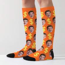 1 Pair Customized Face Socks, Customized Photo Socks, Customized Printed Socks, Print Any Face On Socks, High-Quality Men's Socks Suitable For Anniversary Gifts, Halloween, Christmas, Unique Gifts For Brides, Gifts For Boyfriends, Couples Dollar Pattern Printed Socks, Women's Knee-High Socks, New Thick Long Socks For Autumn/Winter, Calf Socks