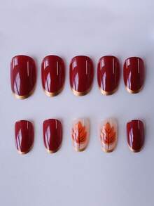 24 piezas de uñas postizas con forma ovalada, diseño de hoja de arce francesa de color rojo vino otoñal, set de calcomanías para uñas, kit de uñas falsas, uñas rojas, adecuadas para citas, reuniones, fiestas, regalos de Año Nuevo y otras ocasiones, ¡realzando tu encanto!