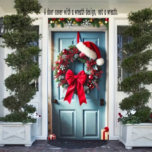 1pc Christmas Wreath, Door Decor, Wall Sticker With "Merry Christmas" Slogan, Living Room Wall/Entryway Door Decor, Wall Sticker With Red Bow - Multifunctional Christmas & Seasonal Decor Door Banner, Indoor/Outdoor Decor, Fits Standard Doors