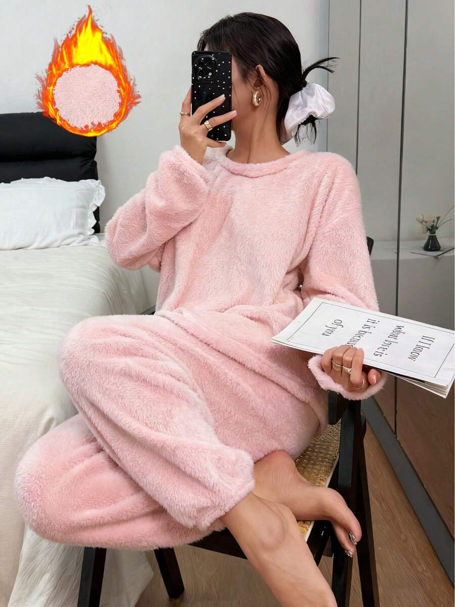 Dreamivo 两件套简约蓬松睡衣套装,秋冬保暖纯色圆领上衣搭配松紧腰裤,女士睡衣,舒适家居服 - 粉色 - 查看 1