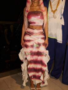 Women's Christmas Shark Tale Lola Cosplay Costume Strapless Tube Top And Side Split Ruffle Maxi Skirt Set Outfit - 彩色 - 查看 2