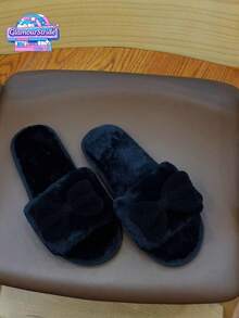 女士优雅天鹅绒蝴蝶结一脚蹬平底毛绒露趾拖鞋，粉色/黑色，优质 TPR 防滑耐用鞋底，适合情人节、派对和居家 - 黑色 - 查看 3