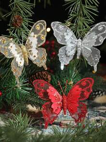 Mariposas decorativas de Navidad, adornos para el árbol de Navidad, mariposas de simulación con brillo para crear ambiente decorativo.