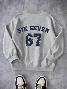 Youth/Kids "Six" And "Seven" Letters And Numbers Printed On The Back Dropped Shoulder Sweatshirt Sweatshirt Oversize Casual Versatile Loose Long-Sleeved Top