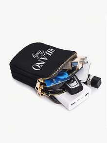 1pc Fashion Black Casual Mini Handbag With "Milano" Text & Pattern, Featuring Phone Pouch, Coin Purse, Women's Crossbody Phone Bag, Shoulder Bag, Wallet, Lightweight & Odorless Polyester Travel Bag - Multicolor - View 4