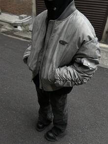 Winter Retro Wasteland Style Pleated Design Flight Suit Baseball Jacket Cotton Jacket American Hip-Hop Jacket Warm Cotton Jacket - 灰色 - 查看 2