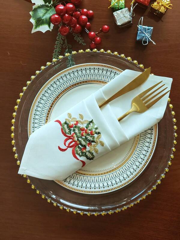 1pc/2pcs/4pcs 100% Polyester Embroidered Napkins, Green & Gold Christmas Leaves, Ribbons, Suitable For Home Decor, Kitchen, Dining Table, Desk, Vanity, Decor, Holiday, Living Room, Bedroom, Yard, Outdoor Furniture, Camping, Villa, Party, Wedding