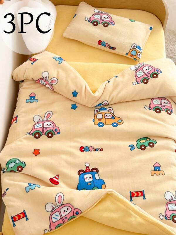Juego de ropa de cama infantil con estampado de coches, incluye 1*Funda nórdica + 1*Funda de colchón + 1*Funda de almohada, tela suave y acogedora de felpa gruesa, 100% poliéster, Funda nórdica: 120*150cm, Sin relleno