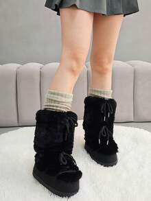 Faux Fur Boots For Women Winter Snow Boots Platform Lace Up Round Toe Boots Warm Snow Shoes Fluffy Winter Boots - màu đen - Xem 7