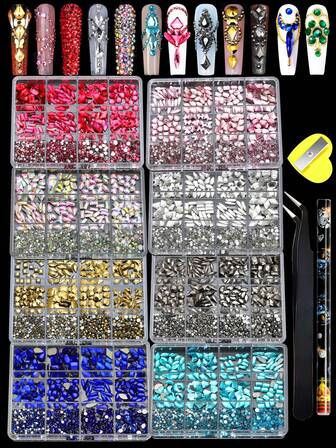 Flat-Back Asymmetrical Nail Gems Set - Assorted Mixed Color Round & Teardrop Glass Rhinestones For Nail Art Decor