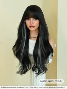 7JHH WIGS Long Wave Dark Brown & Silver Highlight Wigs For Women - Loose Fluffy Wavy Curly Wig With Bangs, Full Machine High Density Synthetic Heat Resistant Fiber Hair Wigs For Daily Wear,Halloween Cosplay & Music Festival Party Use 26 Inch - 銀色 - 查看 3