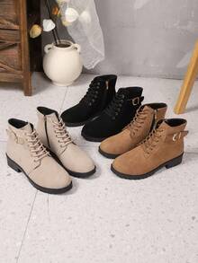 Lace-Up Side Zipper Casual Decorative Buckle Design Versatile Ankle Boots - Black - View 10