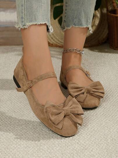 أحذية بالية مسطحة للنساء بلون أحادي، أحذية مريحة بحزام إبزيم قابلة للانزلاق، أحذية مسطحة ناعمة. أحذية ماري جين جميلة بفيونكة للنساء.