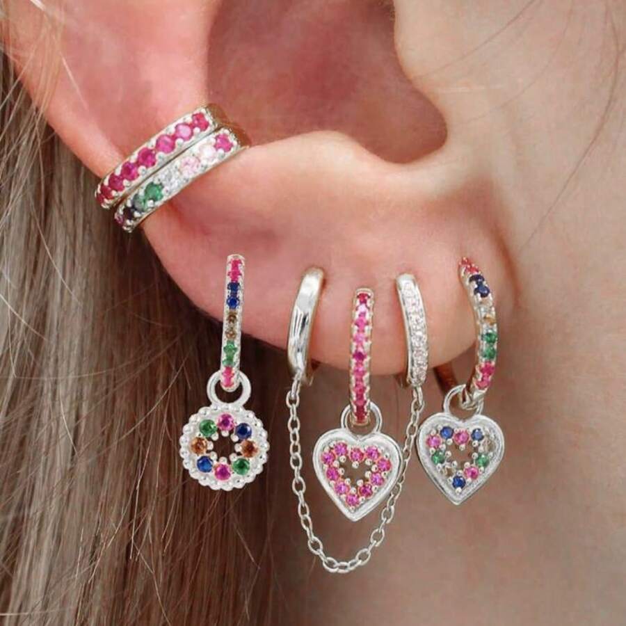 6pcs High Quality Colorful Cubic Zirconia Heart Dangle Earrings For Women - 銀色 - 查看 1