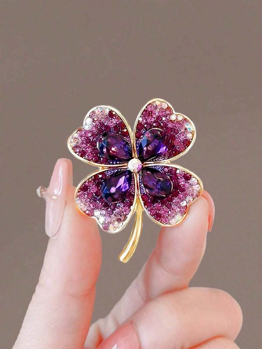 "Exquisite Four-Leaf Clover Brooch For Women, High-End Sparkling Green Suit Pin, Elegant Lucky Clover Pin Accessory For Formal & Casual Outfits" - Màu tím - Xem 1