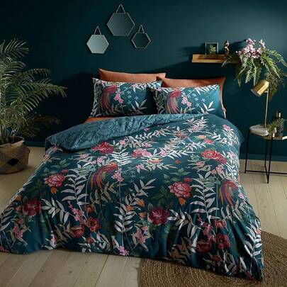 Catherine Lansfield Bedding Tropical Floral Birds Double Duvet Cover Set With Pillowcases Green