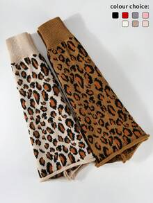 4pcs Women Winter Knitted Beanie Hat, Neck Warmer Scarf, Touch Screen Gloves, Flared Leg Warmers Set, Leopard Print Pattern, Warm Outfit For Cold Weather, Suitable For Daily Use, Dining, Party, Snow Trip, Dating And As Gift For Ladies