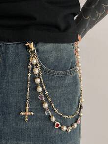 1pc Punk Style Faux Pearl & Rhinestone Heart Cross Pendant Jeans Chain, Unisex Street Fashion Party Waist Chain Accessory
