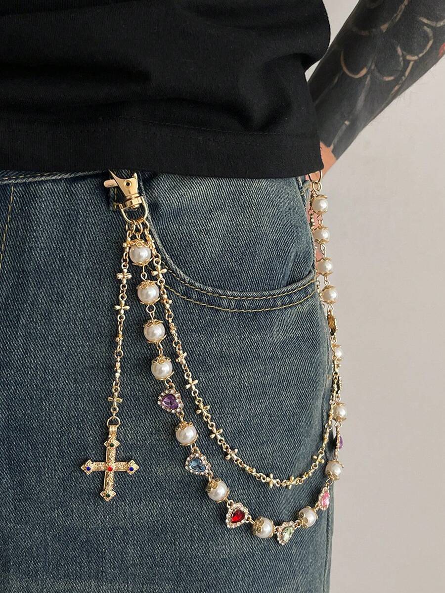 1pc Punk Style Faux Pearl & Rhinestone Heart Cross Pendant Jeans Chain, Unisex Street Fashion Party Waist Chain Accessory