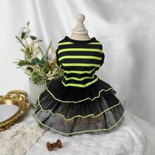 1件宠物服装，猫/狗衣服，荧光绿和粉色条纹弹力蓬蓬裙，婚纱 - 彩色 - 查看 10