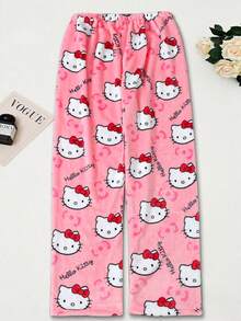 1pc Licensed By Sanrio Cute Hello Kitty Soft Plush Cartoon Pajama Pants Medium Thick Women's Pajama Pants, (Due To Size Differences Between Countries, Please Refer To The Size Chart And Purchase A Suitable Larger Size)Black Plush Warm Casual Home, Suitable For Spring, Autumn, Fall & Winter