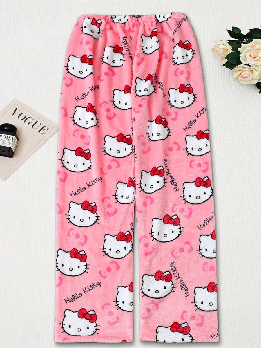 1pc Licensed By Sanrio Cute Hello Kitty Soft Plush Cartoon Pajama Pants Medium Thick Women's Pajama Pants, (Due To Size Differences Between Countries, Please Refer To The Size Chart And Purchase A Suitable Larger Size)Black Plush Warm Casual Home, Suitable For Spring, Autumn, Fall & Winter