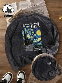 Van Gogh Sternenhimmel Muster Sweatshirt in Große Größen, maschinenwaschbarer Vintage Rundhals Sweatshirt, Damen Sweatshirt in Große Größen, Damen Jacke, Top in Große Größen, Damen Winterbekleidung, Damen Wintermode, Damen Herbst/Winter Bekleidung in Große Größen - Schwarz - Übersicht 2
