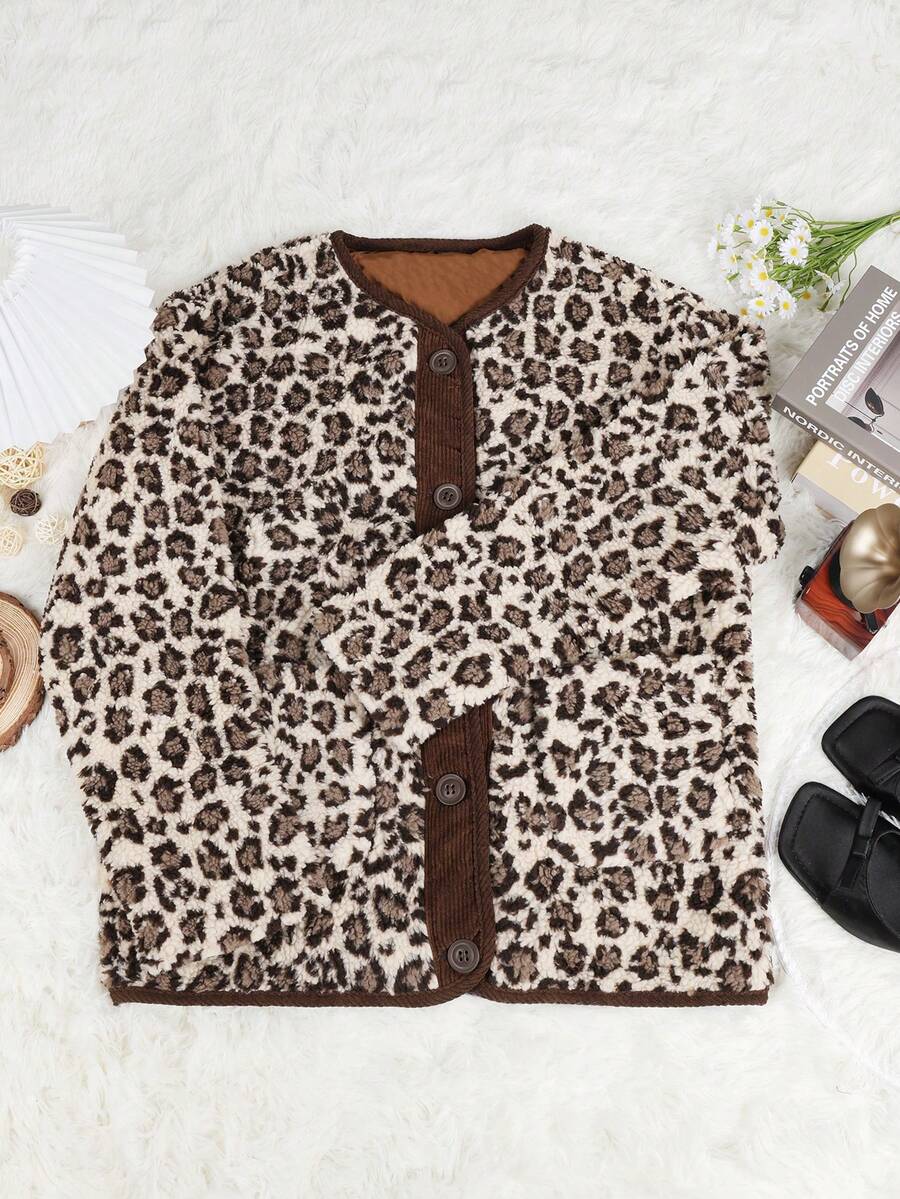 Áo khoác nhung kẻ sọc cài nút phía trước bằng lông cừu mềm mại họa tiết da báo - Nhiều màu - Xem 1