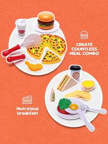 Realistic Pizza & Burger Playset, Children's Food Role Play Toys (Interactive Kitchen Game + Food Recognition & Intelligence + Hands-On Play + Holiday Gift), Includes Detachable Pizza, Multi-Layer Burger, Ice Cream, Coffee And Other Realistic Food Items For Kids To Role Play In The Kitchen - Multicolor - View 2