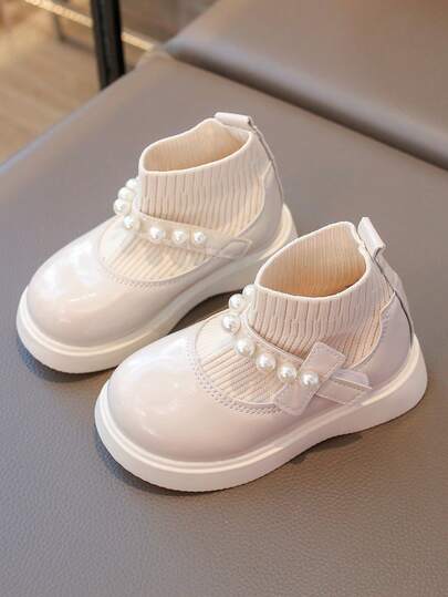 1 Pair Girls' Faux Pearl Decor Princess Boots, White Glossy Knit Cute Baby Boots, Casual Boots, Dance Performance Boots
