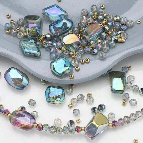 210 قطعة من الخرز الزجاجي، خرز ملتوي، خرز معيني مدبب، خرز مسطح، خرز بذور صغير، خرز مطلي كهربائيًا، مواد صنع المجوهرات DIY لتعليقات الهاتف والقلائد والأقراط والمفاتيح والحقائب