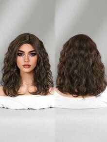 7JHH WIGS Peluca corta ondulada de 14 pulgadas de color marrón para mujeres, peluca bob de longitud hasta los hombros con rizos ondulados y flequillo lateral, fibra sintética resistente al calor para uso diario y de disfraz - Marrón - Ver 6