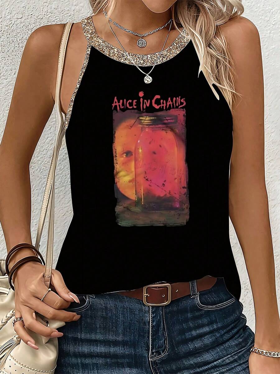 Alice In Chains Band Graphic Women's Casual Printed 150g Summer Vest, Suitable For Beach And Vacation - 黑色 - 查看 1