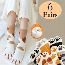 1/3/6 Pairs Of Women'S Multi-Color Autumn And Winter Cute Fun Cat Claw Socks Coral Fleece Mid-Tube Socks Sleep Thick Warm Sweet Floor Socks - Multicolor - View 2