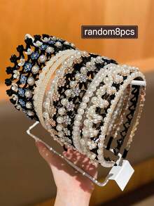 8 件套优雅女士仿珍珠水钻发箍，款式多样，适合日常佩戴，是返校季的推荐礼物，发带，发箍，秋季发饰，女士头饰 - 彩色 - 查看 7