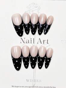 10 móng tay giả thủ công kiểu Almond Stiletto, móng dài, màu nude hồng đen nhẹ nhàng, móng kiểu Pháp đen, chấm bi trắng, móng tay thủ công đơn giản thanh lịch mùa thu, móng giả dán mùa thu, phong cách Y2K, lễ hội, tiệc tùng, sử dụng hàng ngày và hẹn hò, phù hợp cho kỳ nghỉ biển nhiệt đới, nghệ thuật làm móng giả tự làm phù hợp cho phụ nữ và bé gái làm quà tặng, dụng cụ làm móng, móng giả dán thủ công. - màu đen - Xem 10
